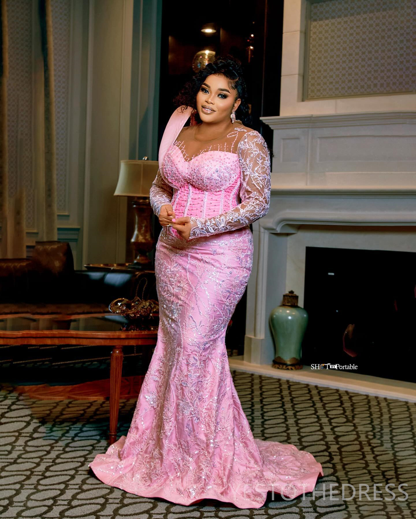 2024 Pink Plus Size Aso Ebi Prom Dresses for Special Occasions Long Promdress Sheer Neck Long Sleeves Beaded Lace Birthday Dresses Second Reception Go
