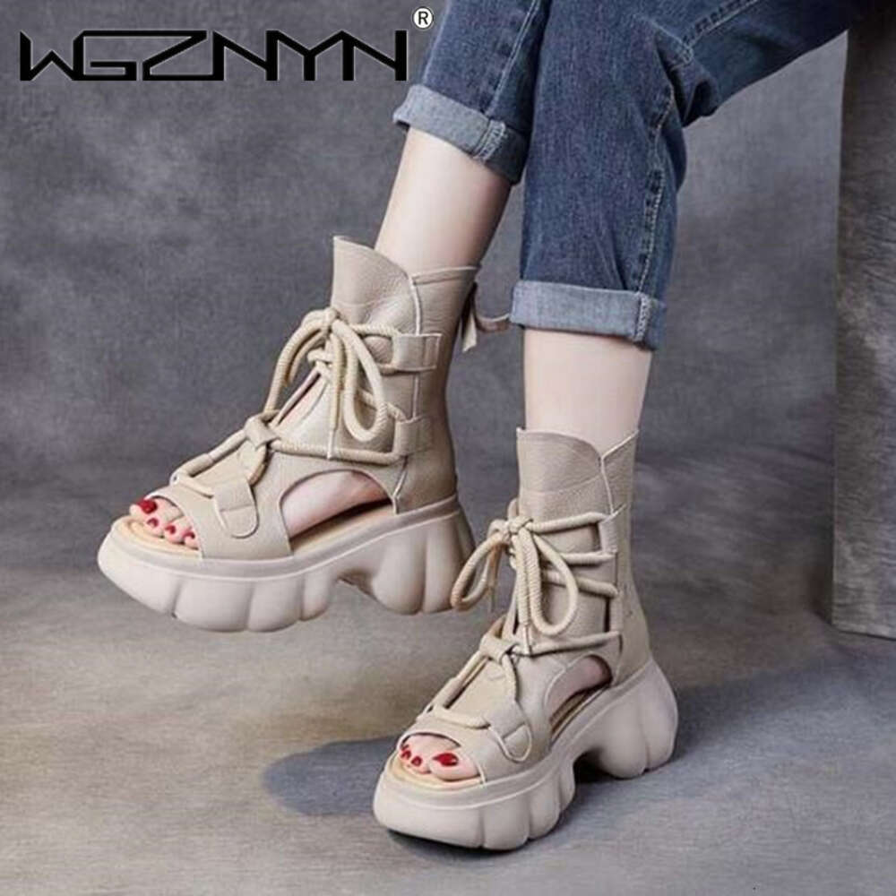 Designer Genuine Leather Boots Chimney Sandals Hollow Ankle Booties Women Peep Toe Moccasins Fashion 2024 Summer Motorcycle Shoe