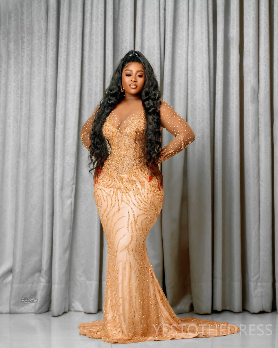 2024 Gold Plus Size Prom Dresses for Special Occasions Promdress Long Sleeves Mermaid Beaded Crystals Rhinestone Decorated Lace Gala Second Reception 