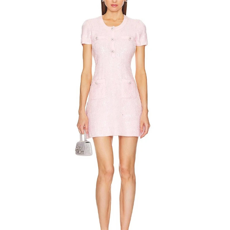 y2k summer womens round neckSequined knitted short-sleeved dress high-quality fashionCommuter style stretch slim mini skirt 240530