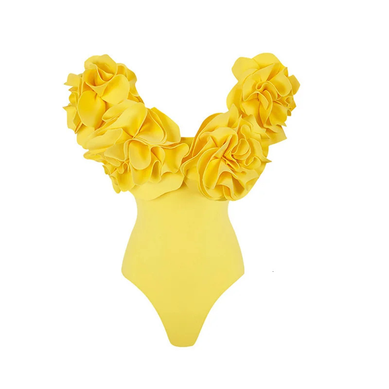 Solid Yellow 2023 Women Sexy 3D Flower Swimsuit Swimwear Off Shoulder Beachwear Summer Monokini Surf Wear Bathing Suit 240521