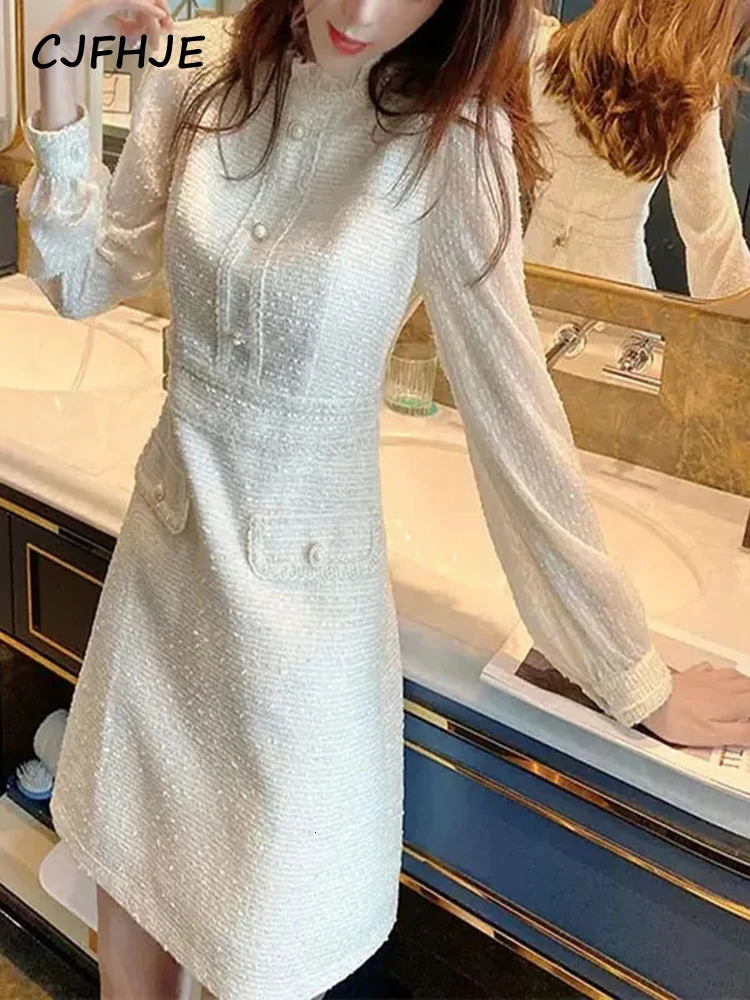 CJFHJE Solid Color Sweet Spring Autumn Korean Elegant Lady Dresses High Street Skinny Ivory Long Sleeve Party Women Tweed Dress 240529