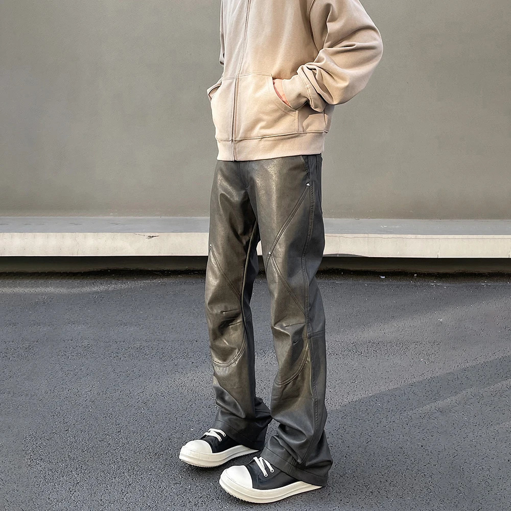 Leather Pants Men Streetwear Casual Fashion Baggy Straight Leg Stacked Street Patchwork Original Y2k Flared Vintage Trousers 240527