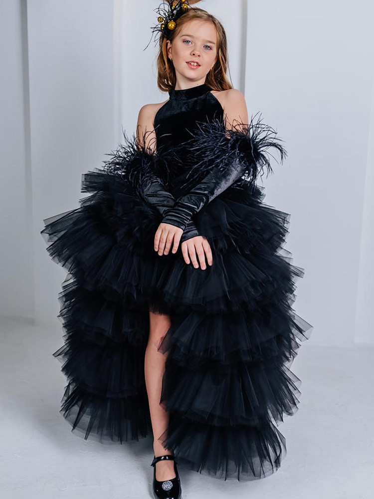 Flower girl dress black feather childrens wedding party dress new childrens clothing princesss first communication dress Tulle Birthday Child Girl Pag