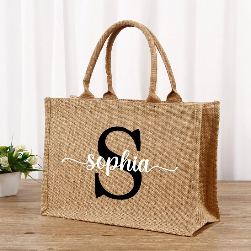 Custom Name Jute Shopping Bag Women Handbag With Handle Waterproof Large Capacity Sundries Storage Personalized Gift Bags 240520bj