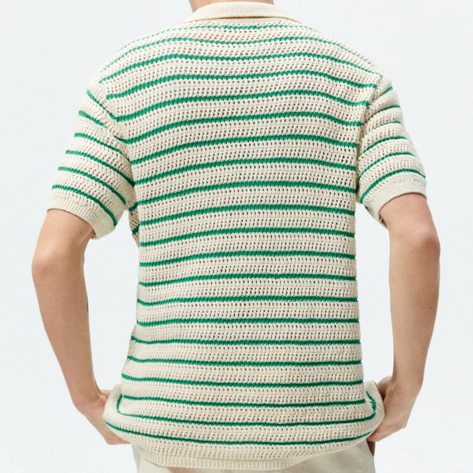 Mens Crochet Knit Polo Shirt Summer Knitted Sweater Striped Woolen Casual POLO Shirt Lapel Button Tshirt 240601