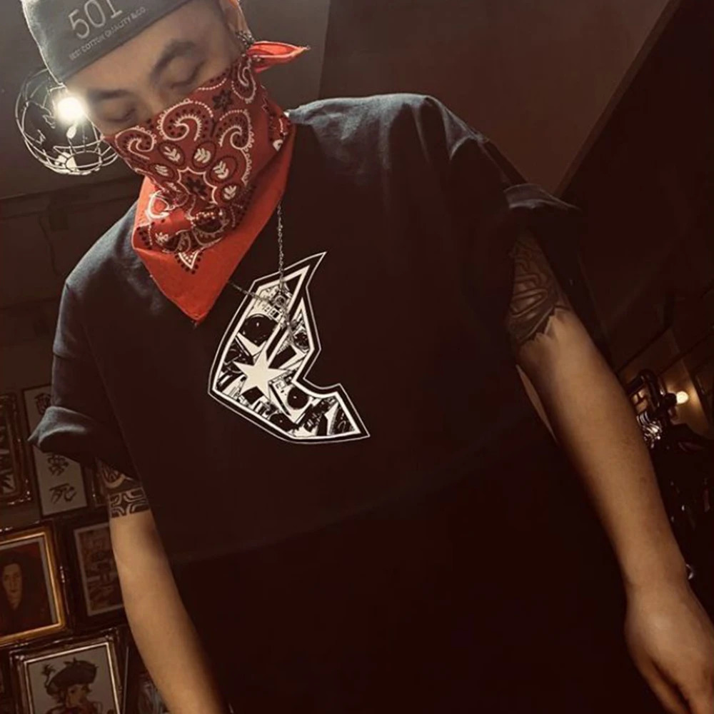 Harajuku Gangster West Loose Cargo Hip Hop Men T-shirt Male Retro Print Sreetwear Tops Oversized Casual 240511