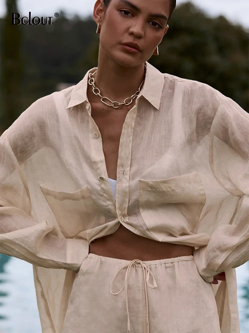 Bclout Summer Khaki Linen Pants Set 2 Pieces Outfits Long Sleeve Loose Blouses Fashion Elastic Waist Wide Leg Suits 240529