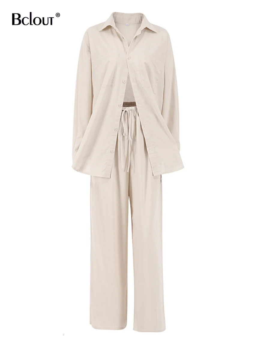 Bclout Summer Khaki Linen Pants Set 2 Pieces Outfits Long Sleeve Loose Blouses Fashion Elastic Waist Wide Leg Suits 240529