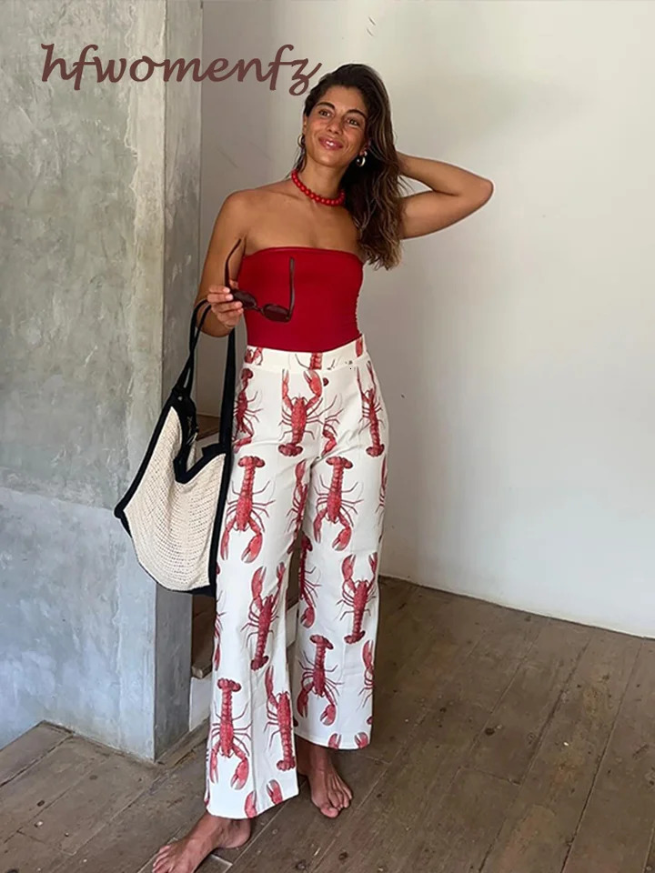 Print Pants 2 Pieces Sets For Women Lobster Short Sleeve Slim Top Shirt Wide Leg Trousers Suit 2024 Summer Lady Matching Set 240529