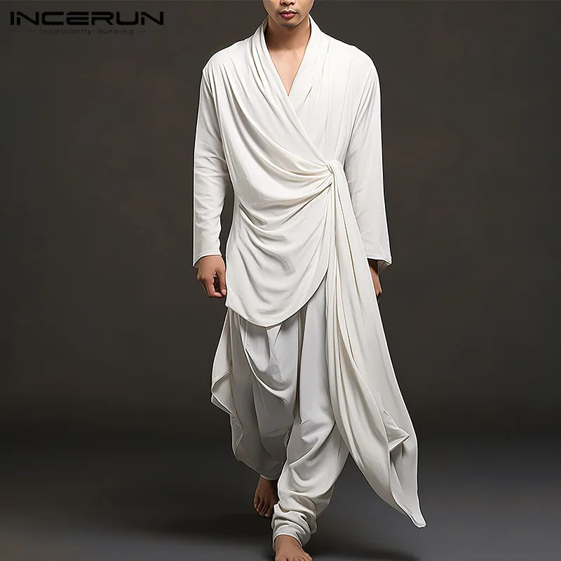 INCERUN Men Irregular Sets Solid V Neck Long Sleeve Lace Up Shirt Pants Two Pieces Sets Streetwear Men Casual Suits S-5XL 240529