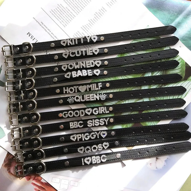Sexy Rhinestone Letters Yes Daddy Spank Me Choker Collar Necklaces Men Women Punk Role Age Play Leather Chocker Cosplay Jewelry 240510
