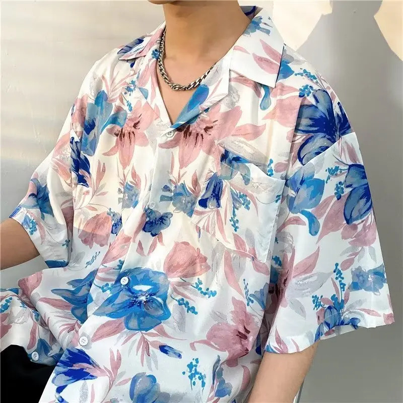 Hawaiian Shirts Men Advanced Breathable Trendy Summer Half Sleeve Floral High Street Pocket Korean Style Male Hipster Handsome 240529