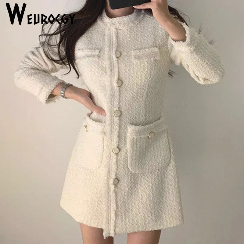 Spring Autumn Style Female Retro French Style Elegant Round Neck Single-Breasted Waist Pocket Long-Sleeved Tweed Dress 240529