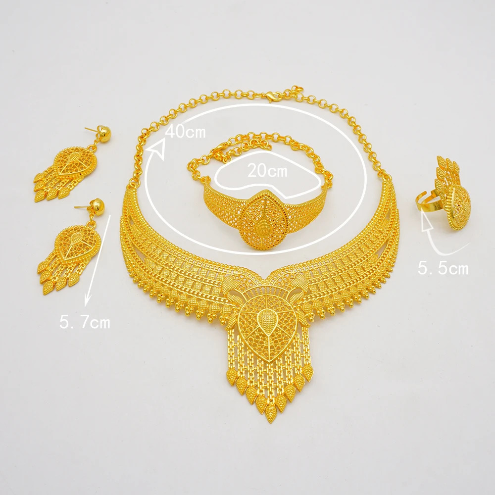 Dubai Gold Color Jewelry Set For Women Indian Earring Necklace Nigeria Moroccan Bridal Accessorie Wedding Bracelet Party 240531