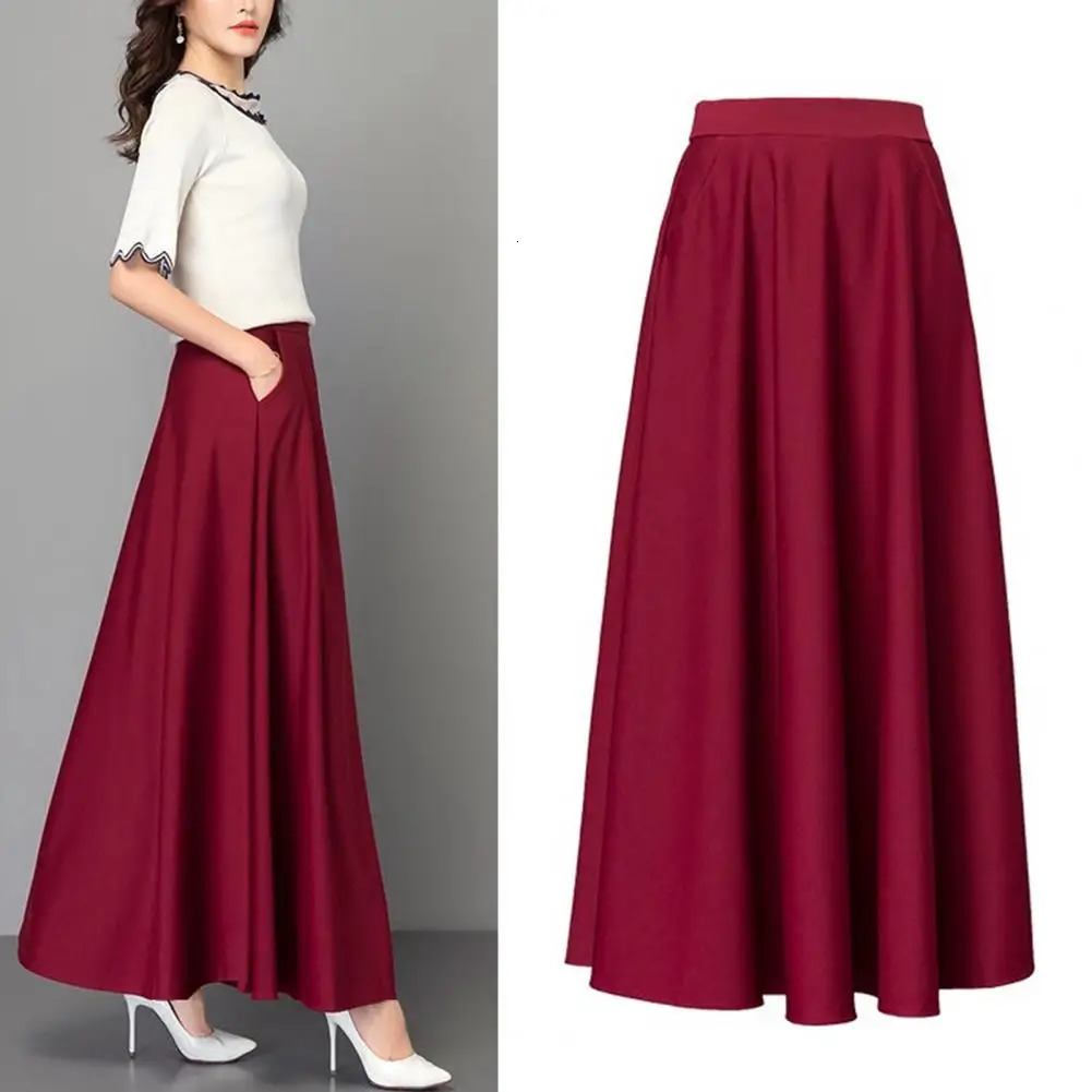 Elegant Women Maxi Skirt High Waist Tummy Control Aline Lady Loose Hem Pockets Dating Party Banquet 240513