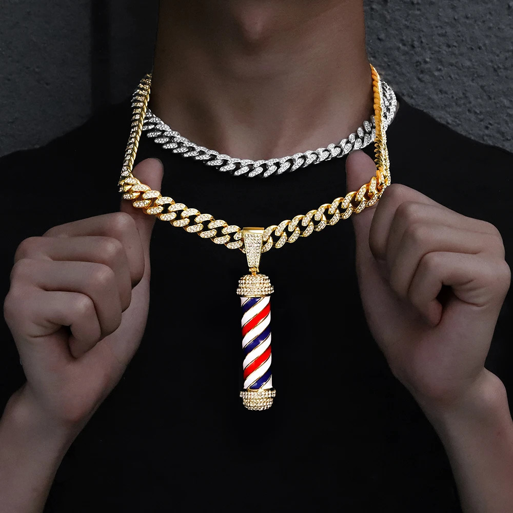 Fashion Barber Shop Pole 3D Barber Pole Chain Pendant Necklace Hip Hop Barber Hairdresser Gothic Necklace Jewelry 240531