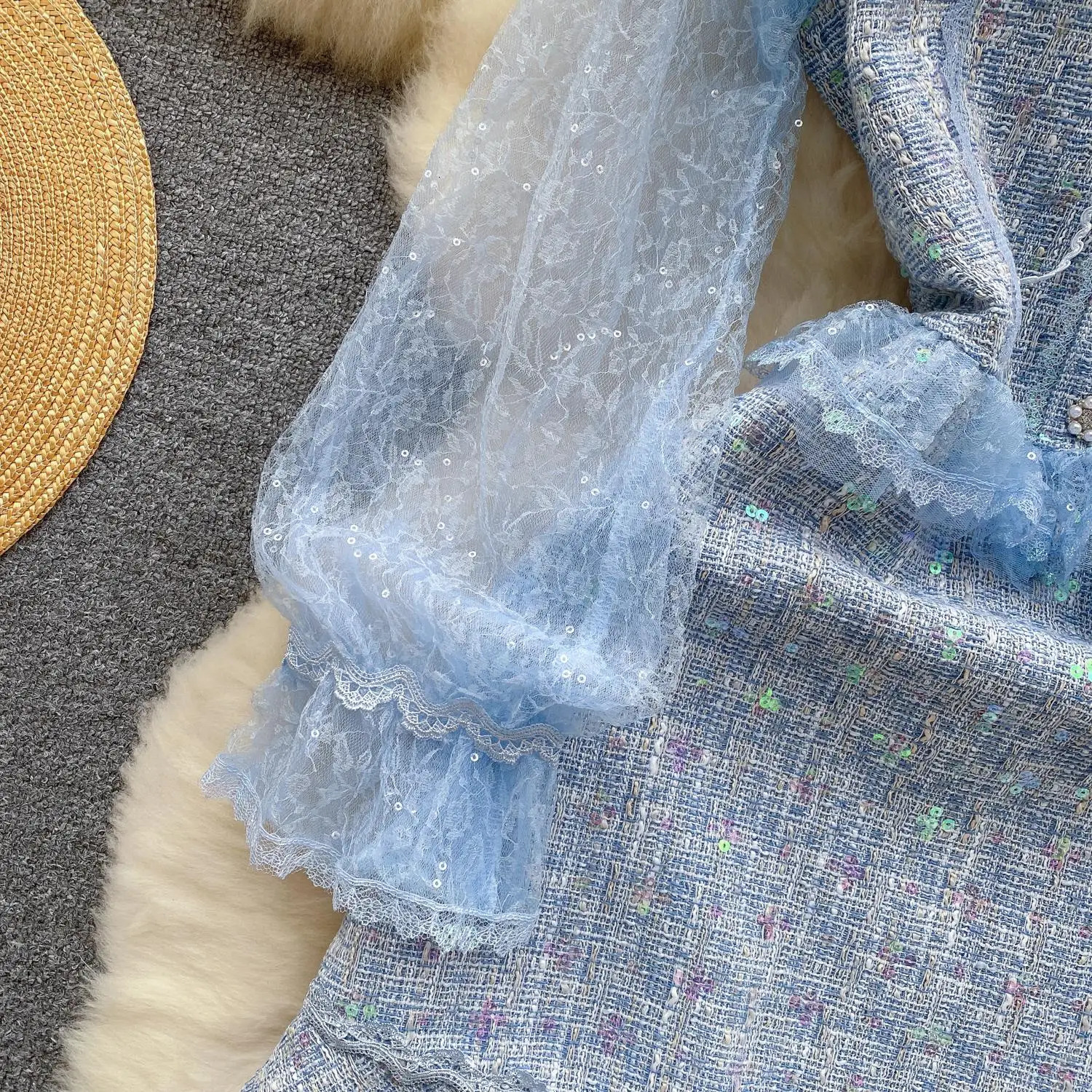 Runway Embroidery Sequins Tweed Dress Womens Ruffled Beaded Lantern Sleeve Blue Mesh Patchwork Slim Vintage Vestidos 240529