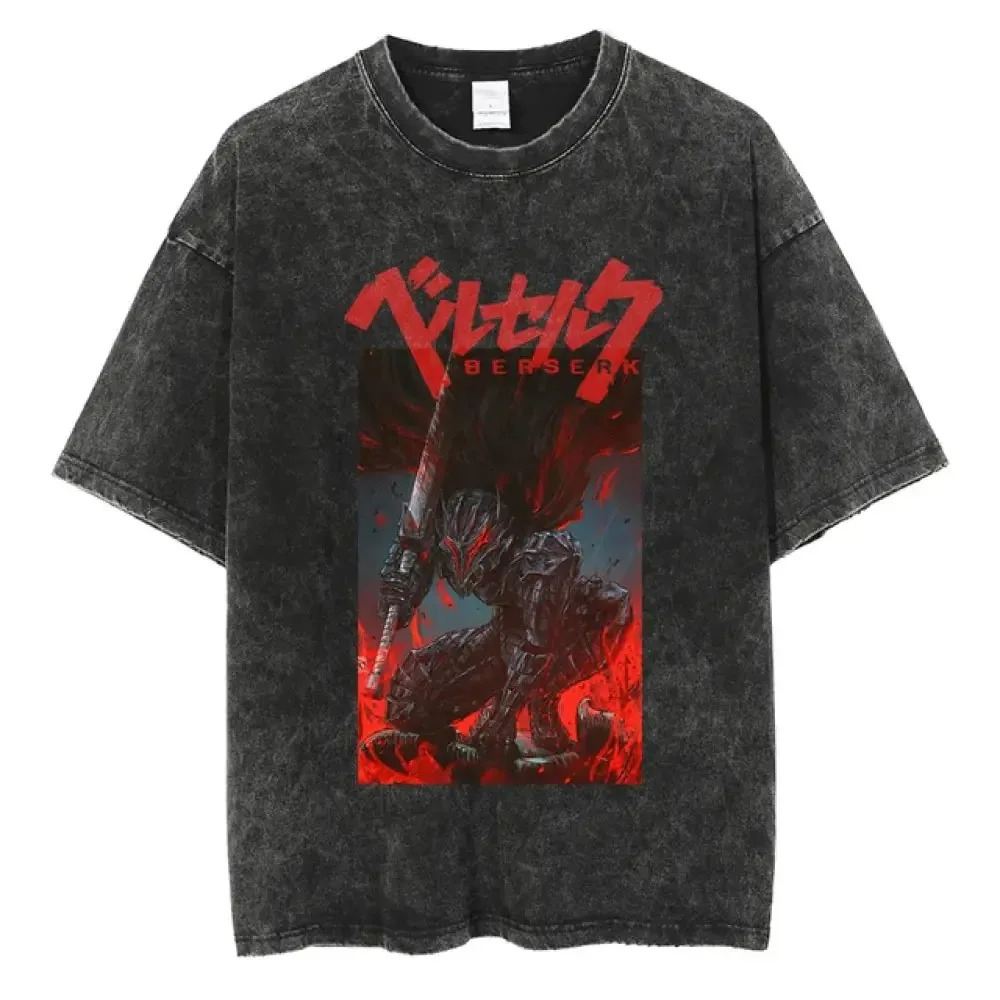 Mens Washed T Shirt Berserk Anime T-shirt Guts Skull Knight Graphic Print TShirt Cotton Short Sleeve Unisex Streetwear 2024 240601