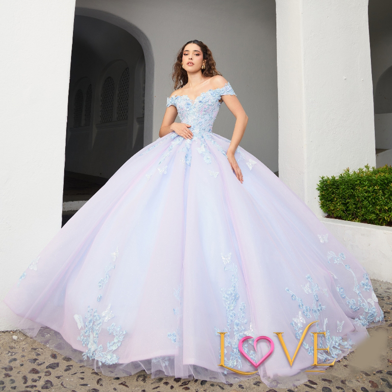 Sky Blue Lilac Shiny Quinceanera Dresses Lace Appliques Bow Beaded Tull Ball Gowns Tulle Princess Sweet 16 Dress Lace up Vestido De 15