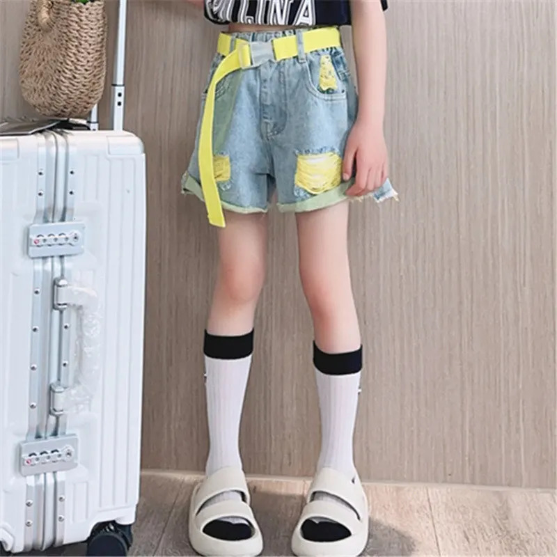 Kids Girls Denim Shorts Fashion Summer High Waist Pink Yellow Color Ripped Shorts with Free Belt 4 5 6 7 8 9 11 12 13 14 pants 240531