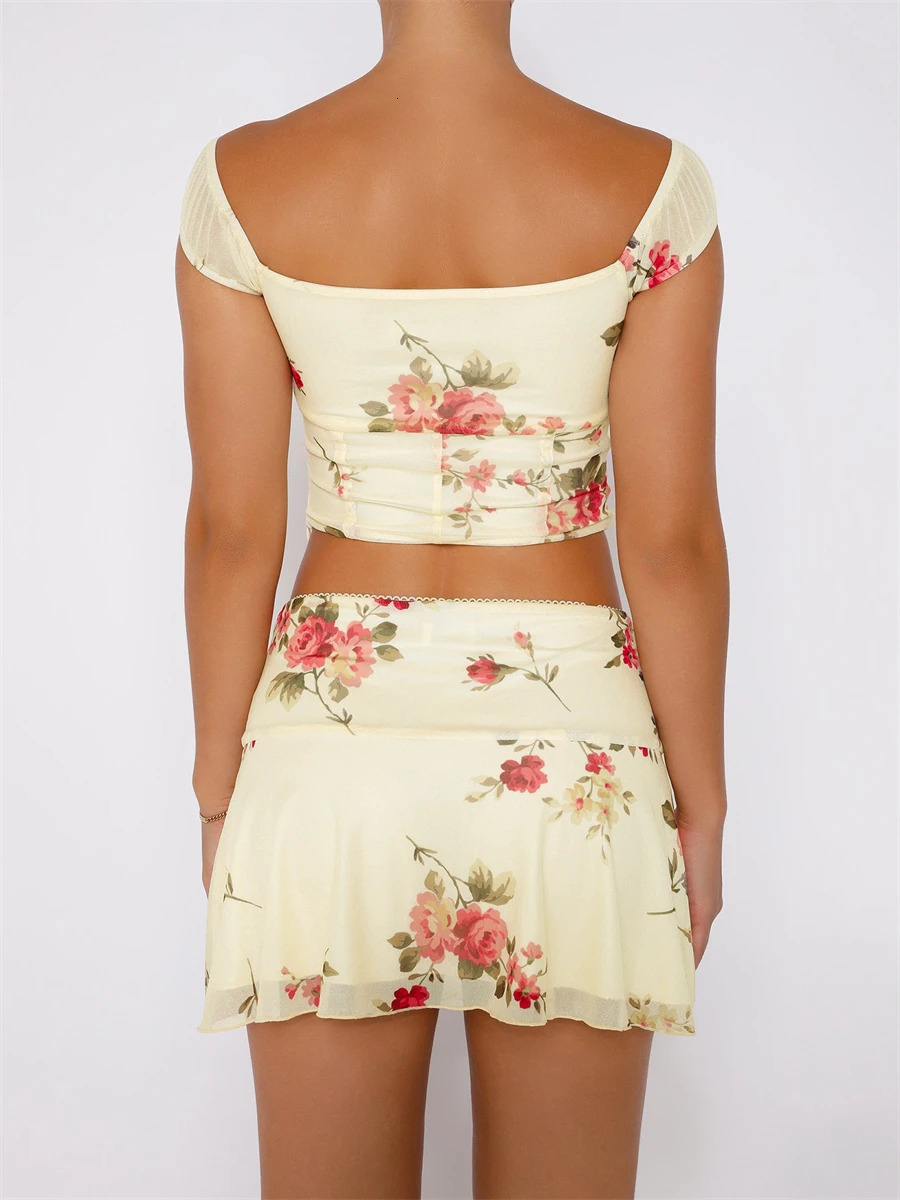 Women Summer Floral Print Outfits Tieup Crop Top Bodycon Split Mini Skirt 2023 Fashion Set Y2k Aesthetic Streetwear 240601