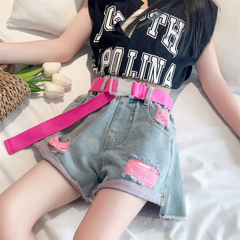 Kids Girls Denim Shorts Fashion Summer High Waist Pink Yellow Color Ripped Shorts with Free Belt 4 5 6 7 8 9 11 12 13 14 pants 240531