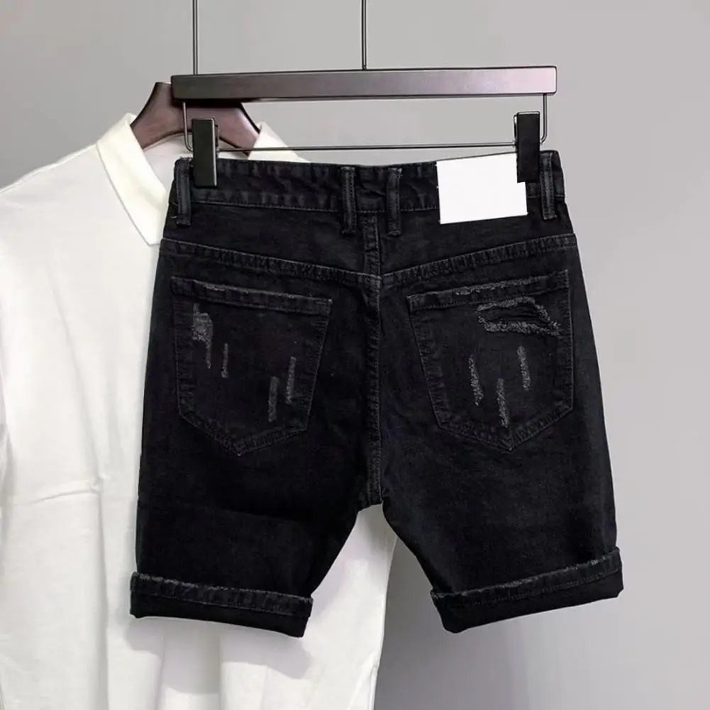 Button Zipper Waist Shorts Stylish Mens Denim Shorts with Ripped Patchwork Pockets Knee-length Streetwear Fashion for Summer 240530