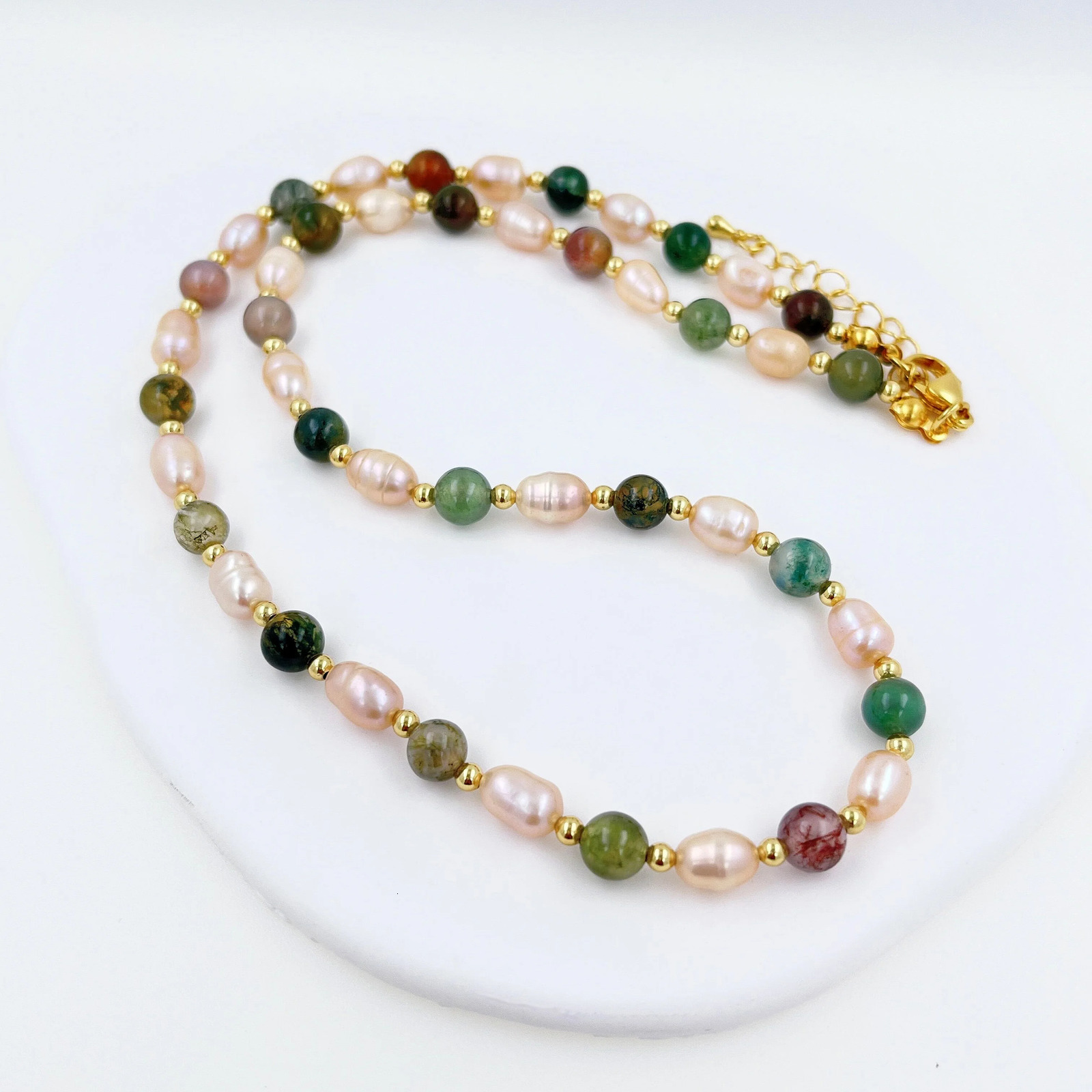 Natural Stone Baroque Fresh Water Pearl Necklace Colour India Agate Bead Clavicle Chain Trendy Charm Handmade Jewelry Women 240510