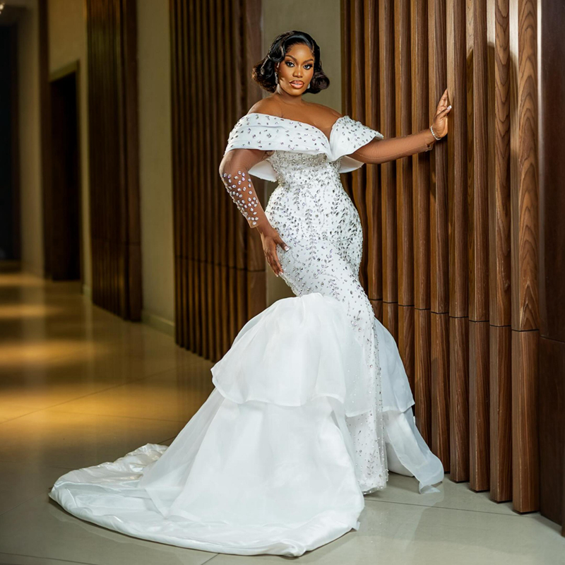 2024 Plus Size Mermaid Dresses Bride With Detachable Train Bridal African Black Women Rhinestones Decorated Wedding Gowns for Marriage D245