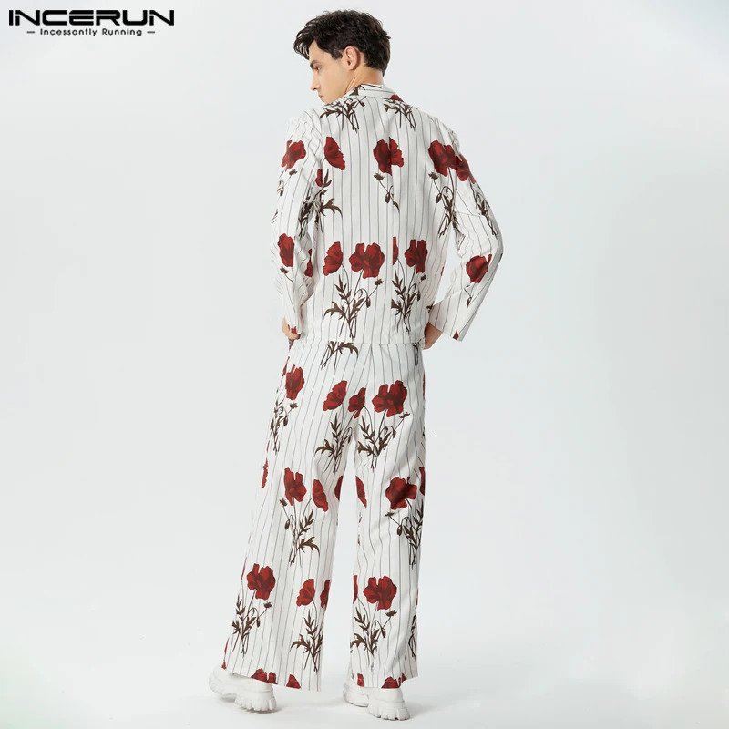 Fashion Men Sets Streetwear Flower Printing Lapel Long Sleeve Blazer Pants 2PCS Loose Mens Casual Suits S-5XL INCERUN 240530