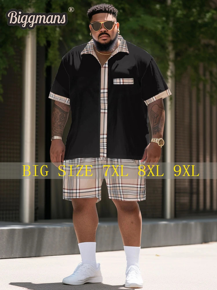 Biggmans Plus L-9XL For Mens Large Size Shirt Shorts Set Casual Color Block Plaid Retro Street Short Shirt Shorts Suit 7XL 8XL 240524