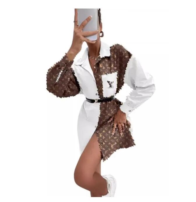 Designer Shirt Dresses Women Casual Print Lapel Neck Long Sleeved Short Dress Free Ship