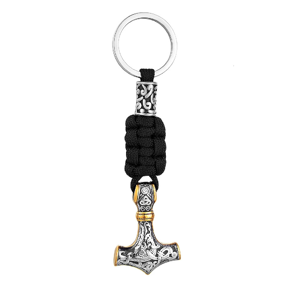 Vikings Thors Hammer Survival Rope Keychain Mens Stainless Steel Anchor Knife Pendant Paracord Keyring Handmade Norse Jewelry 240510