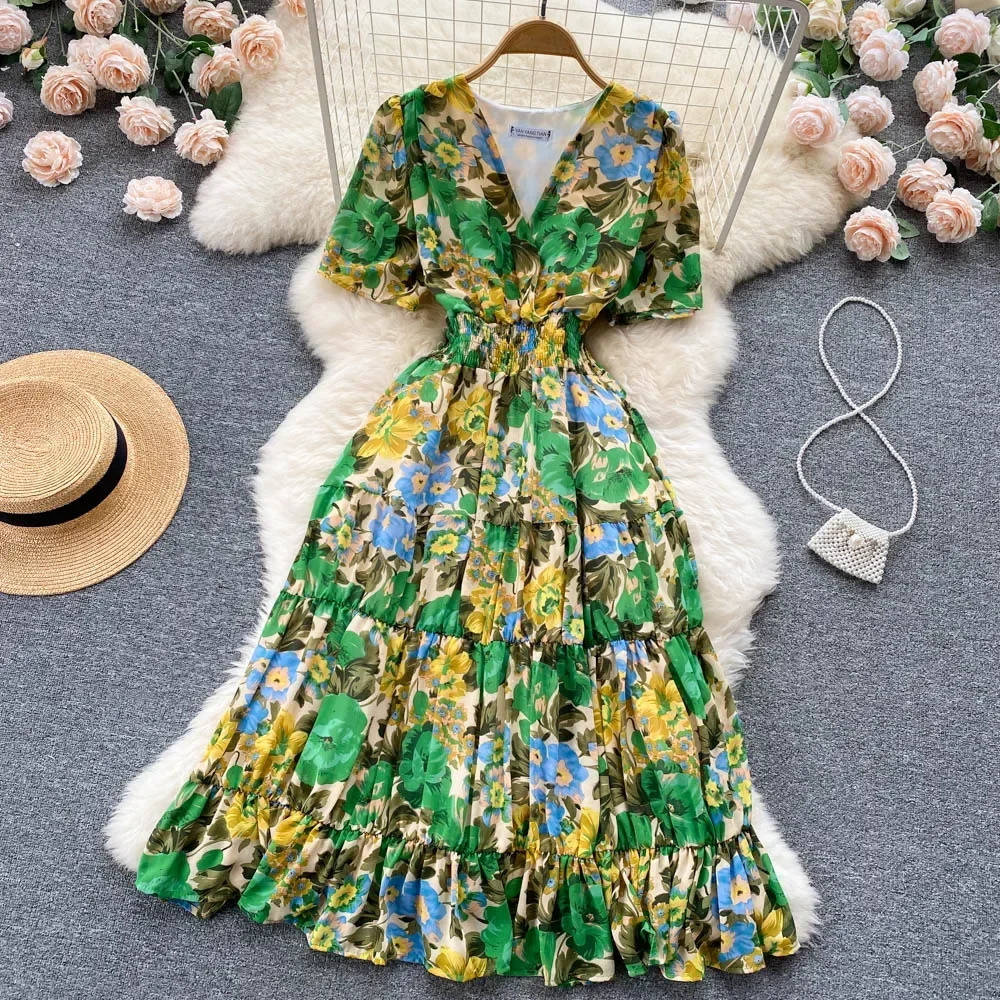 Floral Print Dress Women Summer Sexy Beach Boho Midi Dresses Short Sleeve Ladies Vintage Elegant Party Dress Vacation 240529