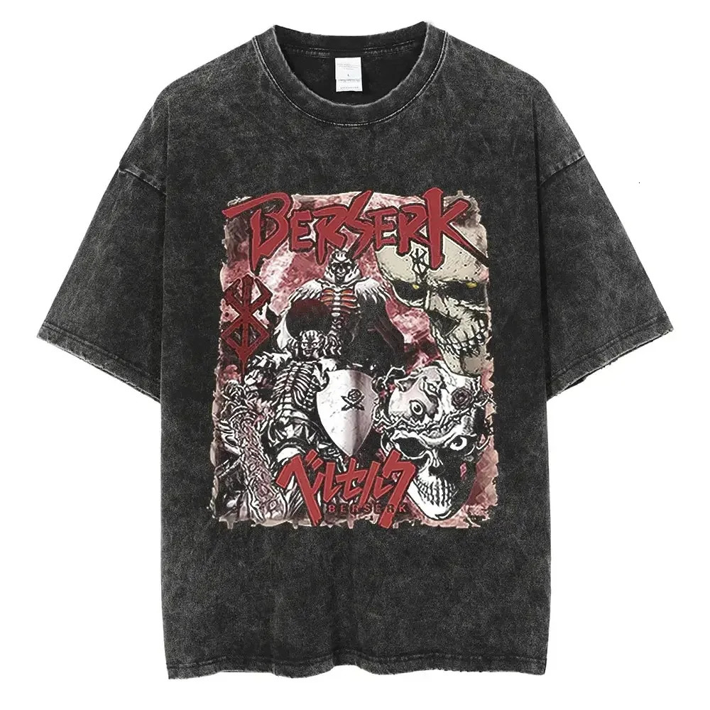 Mens Washed T Shirt Berserk Anime T-shirt Guts Skull Knight Graphic Print TShirt Cotton Short Sleeve Unisex Streetwear 2024 240601