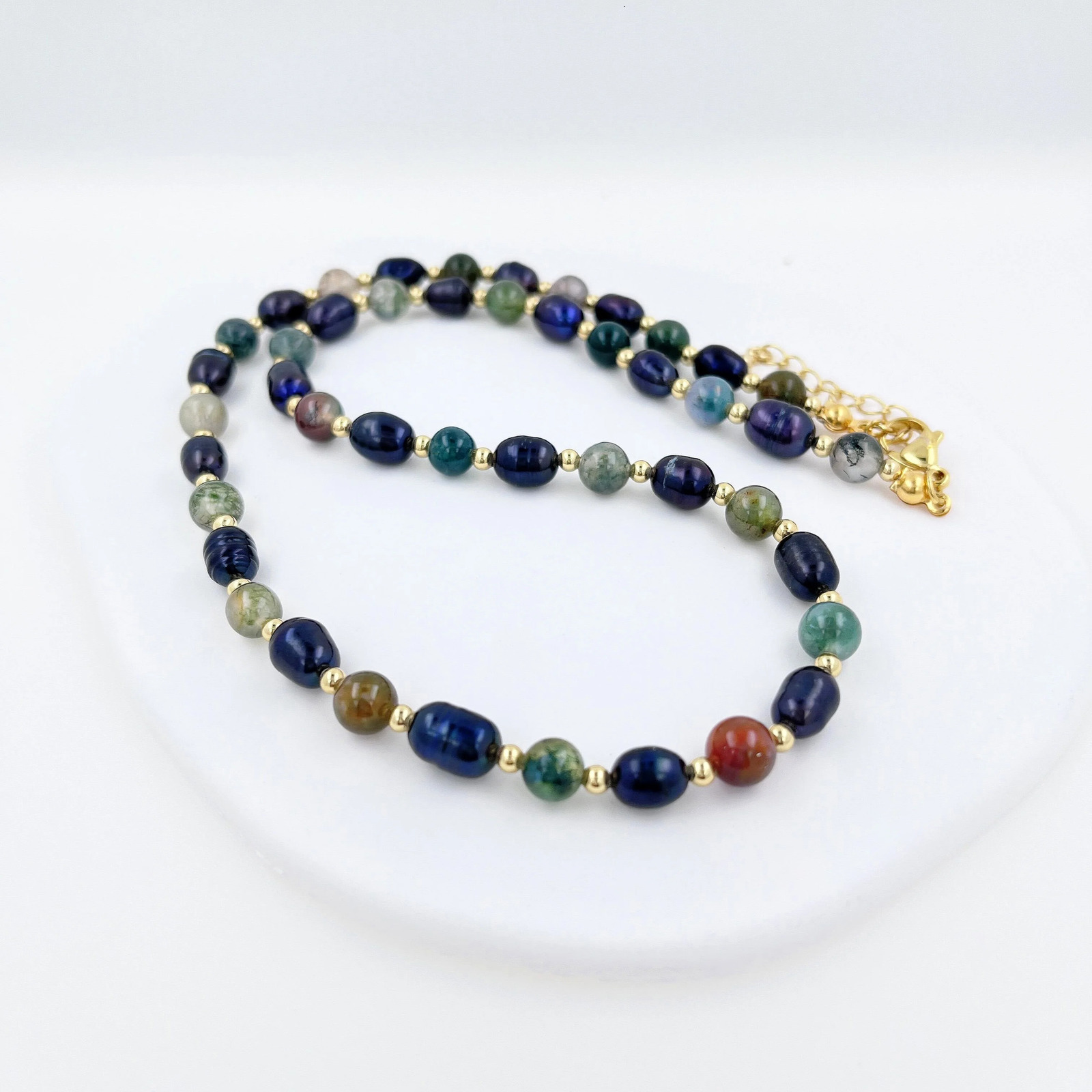 Natural Stone Baroque Fresh Water Pearl Necklace Colour India Agate Bead Clavicle Chain Trendy Charm Handmade Jewelry Women 240510