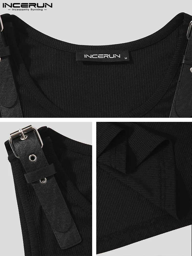 INCERUN Men Tank Tops Solid Color PU Leather Button Sleeveless Streetwear Oneck Vests Summer Fashion Clothing S5XL 7 240527