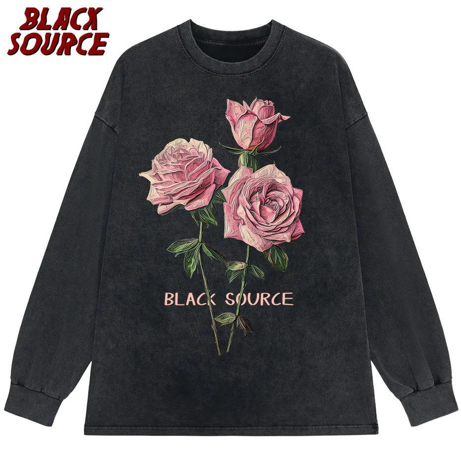 Hip Hop Men Streetwear T-Shirt Retro Vintage Washed Anime Graphic T Shirt Men Harajuku Cotton Casual Short Sleeve rose Tshirt 240601