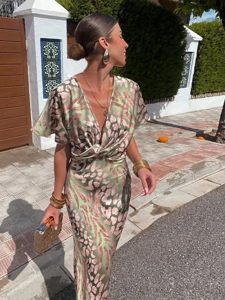 Vintage Printed Twisted Knotted Midi Dress For Women Fashion V Neck Pagoda Sleeve Bodycon Dresses Summer Lady Commute Robes 240601
