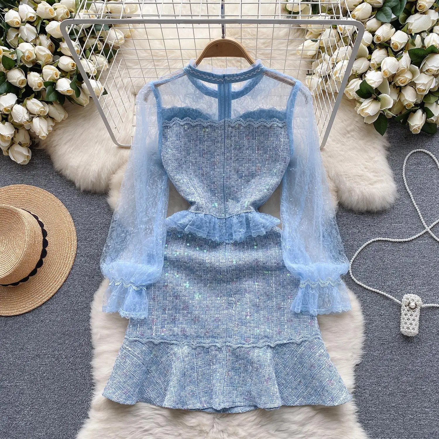 Runway Embroidery Sequins Tweed Dress Womens Ruffled Beaded Lantern Sleeve Blue Mesh Patchwork Slim Vintage Vestidos 240529