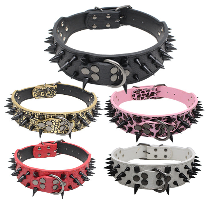 Leather Dog Collar with Skulls and Rivets Anti Bite Spiked Design Black Various Sizes Ideal for Medium to Large Dogs