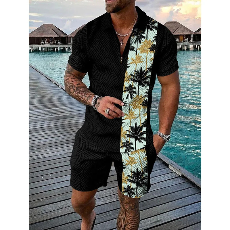 Hawaii Tracksuit 3D Print Beach Polo Shirts Shorts Sets 2 Pieces Mans Oversized Short Sleeve Shirt Pants Set Suits Men Clothing 240529