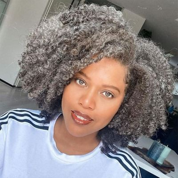 Salt and pepper human hair wigs for african american short coily kinky curly t part lace front wig 13x4x1 silver grey