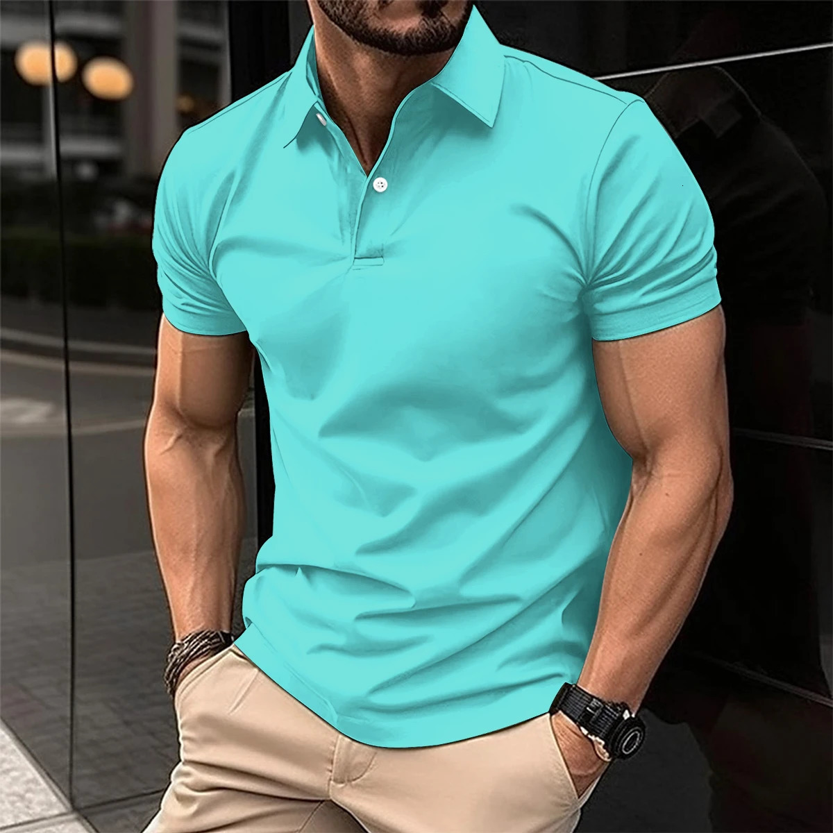 Summer Mens Polo Shirt Solid Color Lapel Buckle Classic AllMatch Casual Sports 240601