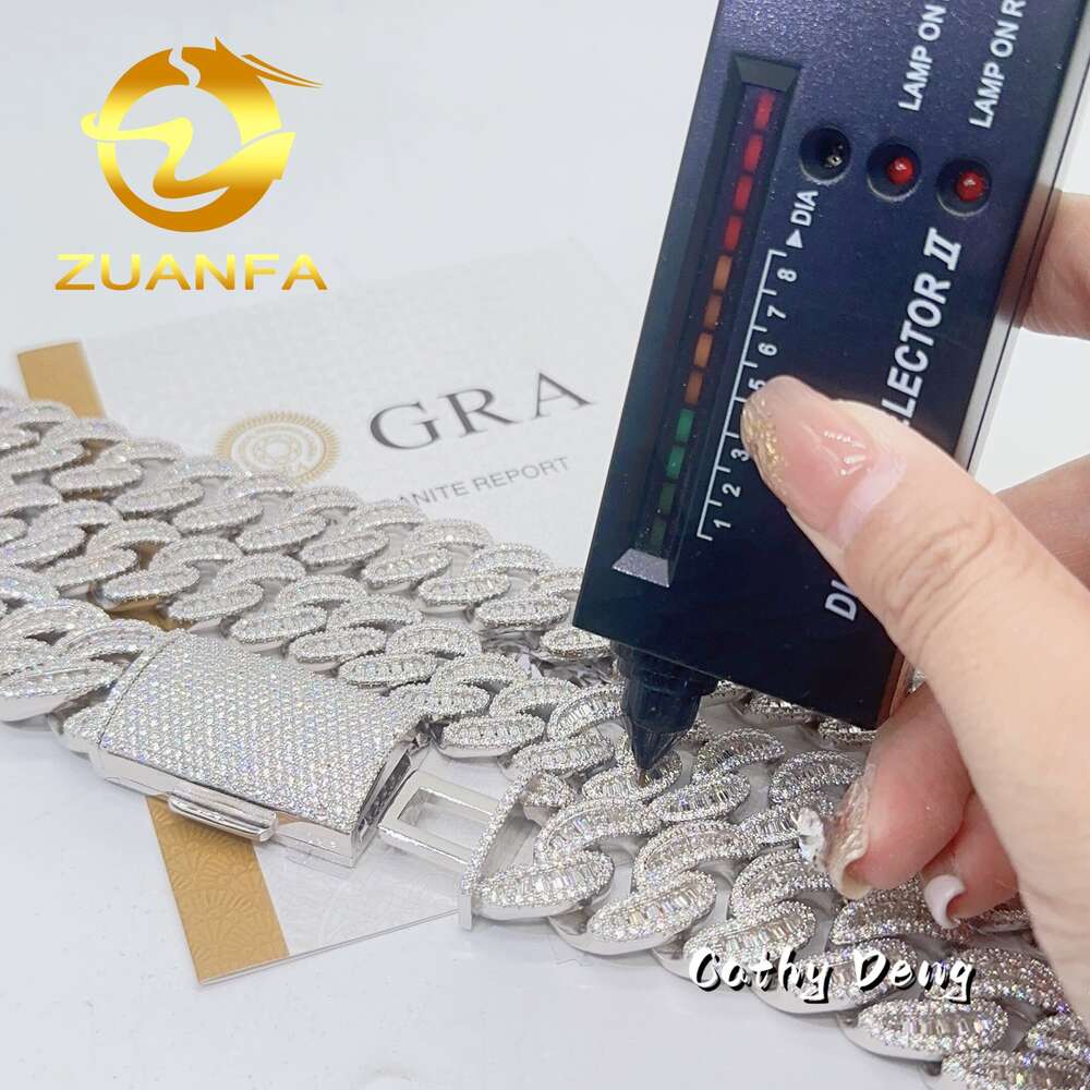 Zuanfa New Arrival 18mm 22mm Moon Shape Baguette Moissanite Cuban Link Chain Ice out Sterling Silver Miami Chain Necklace