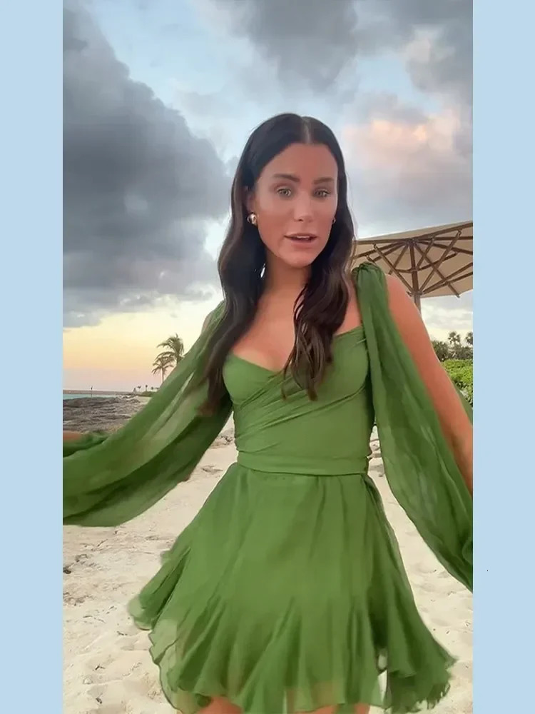 Women Sexy Green Pleated Mini Dress Summer Fashion V-neck Split Long Sleeve A-line Dresses 2024 Casual Lady Beach Vestidos 240601