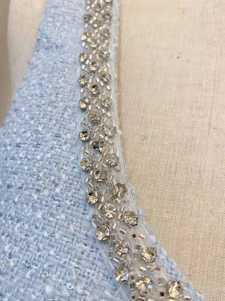 Elegant Beading Diamonds Wool Tweed Short Dress Women Sexy Backless Tank High Waist Bow Hollow Out Slim Birthday Party Vestidos 240529