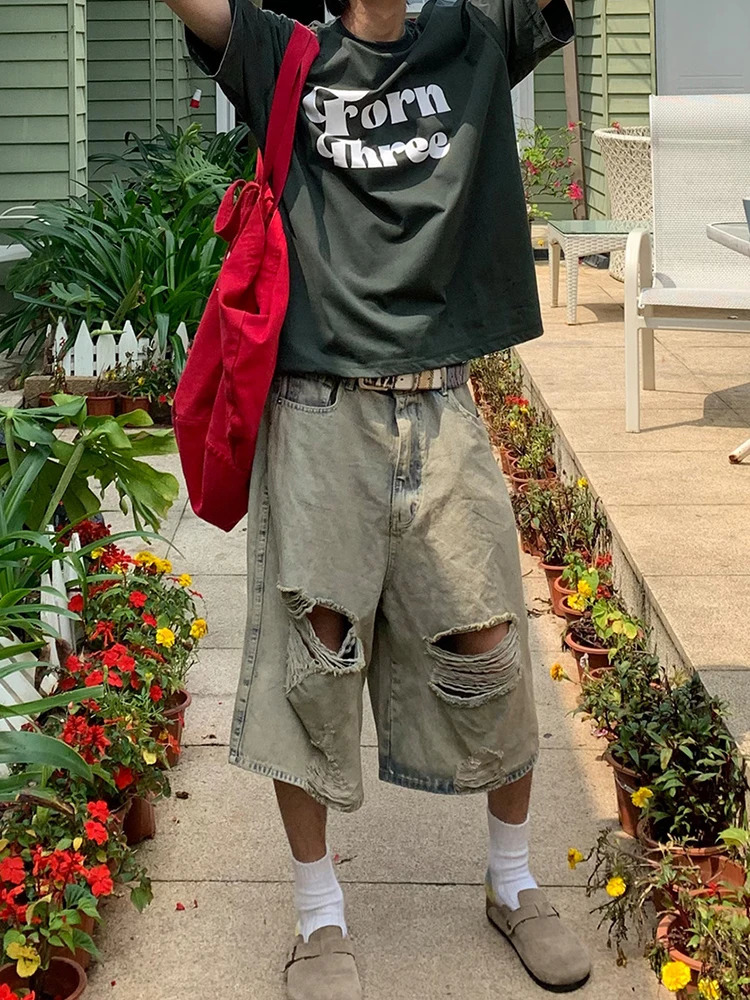 Hip Hop 2024 Hollow Hole Loose Jeans Shorts Streetwear Summer Fashion Ripped Denim Pant Men Clothing Solid Color Male Trousers 240530