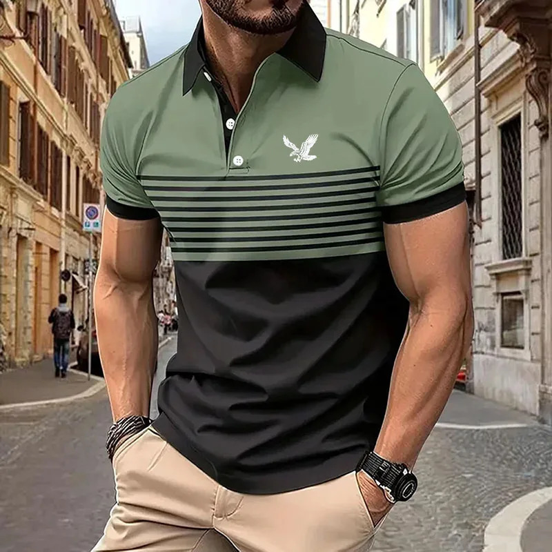 Summer Striped Mens Casual Print Short Sleeve Lapel Polo Shirt For Men Golf Shirt EUROPEAN Measurement 240601
